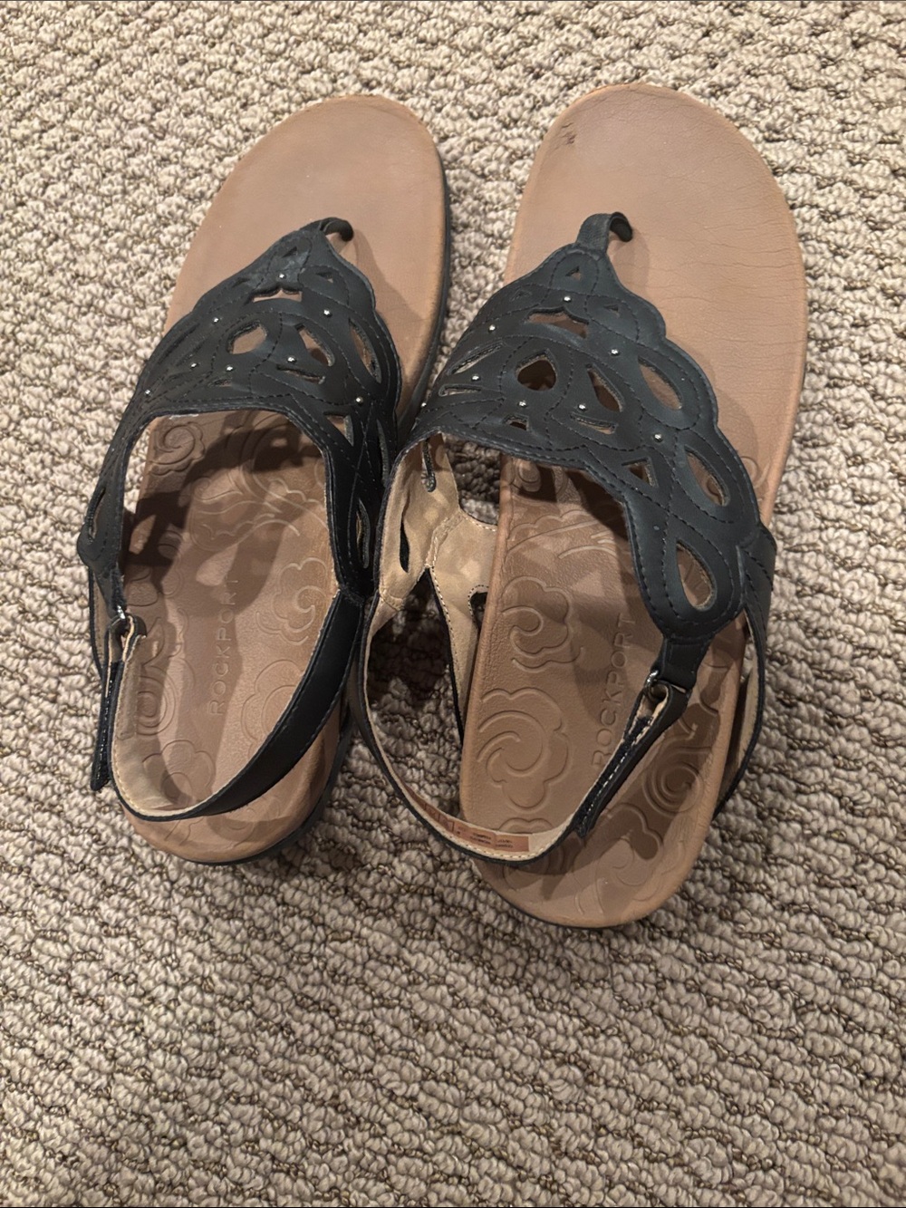 Rockport Black Laser-Cut Toe-Loop Slingback Sandals with Tan Footbed